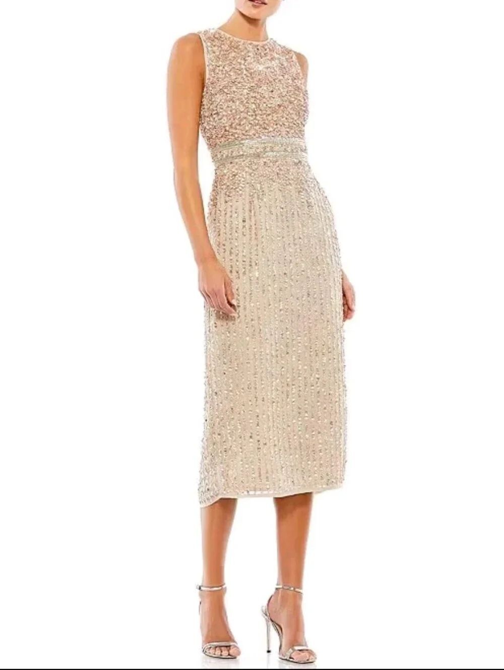 Mac Duggal Sleeveless Sequin Chiffon Midi Dress Cream Light Pink Size 2